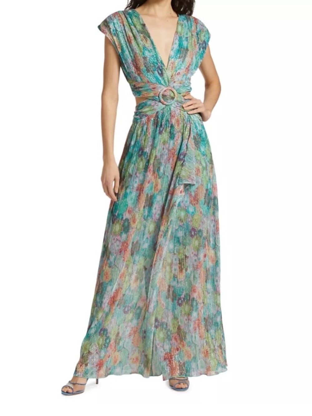 New Ramy Brook Genesis Floral Foil Cut Out Gown blue size 12